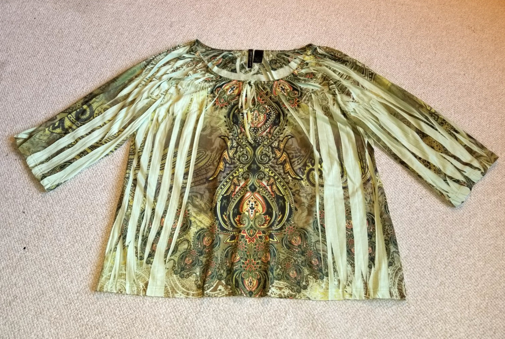 Womens Top-SAINT TROPEZ WEST-green/orange paisley embellished 3/4 BOHO artsy-2X